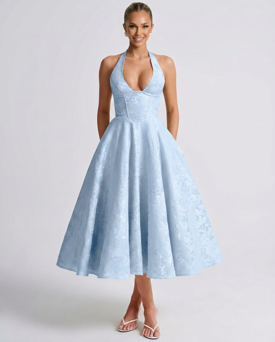 Marci | Midi Dress with Floral Jacquard and Halterneck