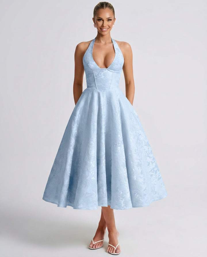 Marci | Midi Dress with Floral Jacquard and Halterneck