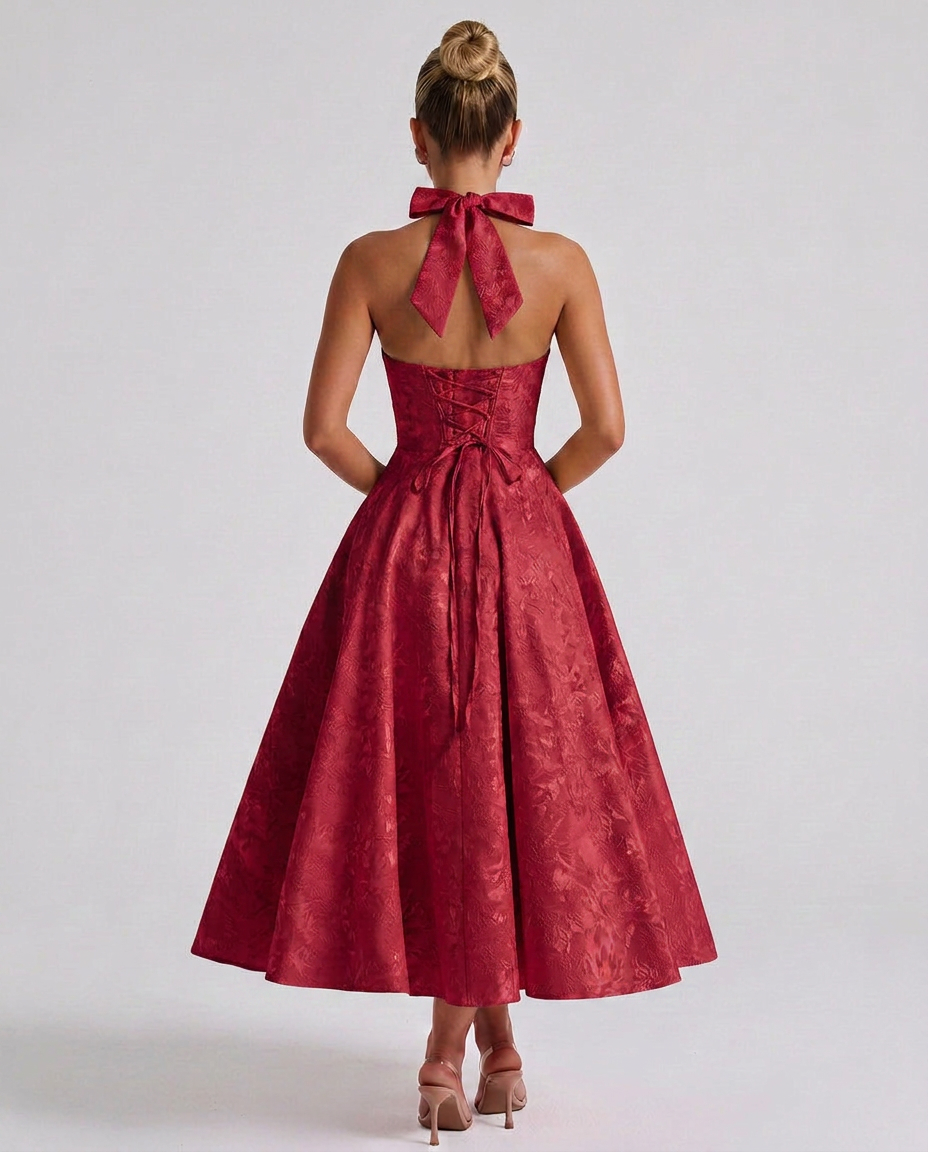 Marci | Midi Dress with Floral Jacquard and Halterneck