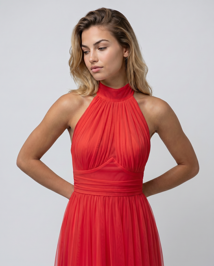 Paul | Midi Dress with Gathered Halter Neck and Fitted Waist