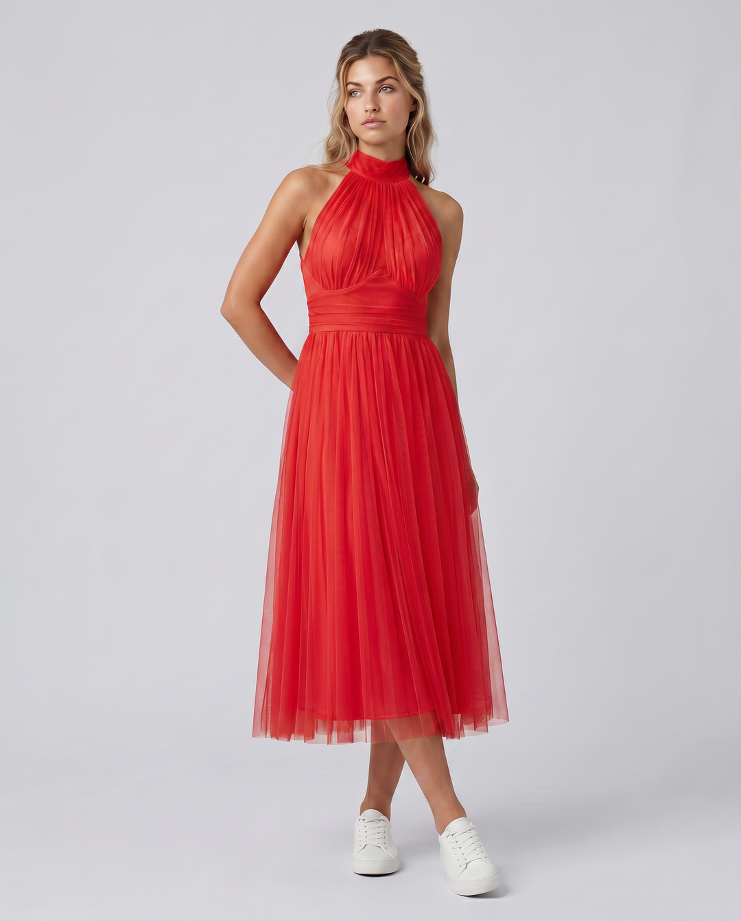 Paul | Midi Dress with Gathered Halter Neck and Fitted Waist