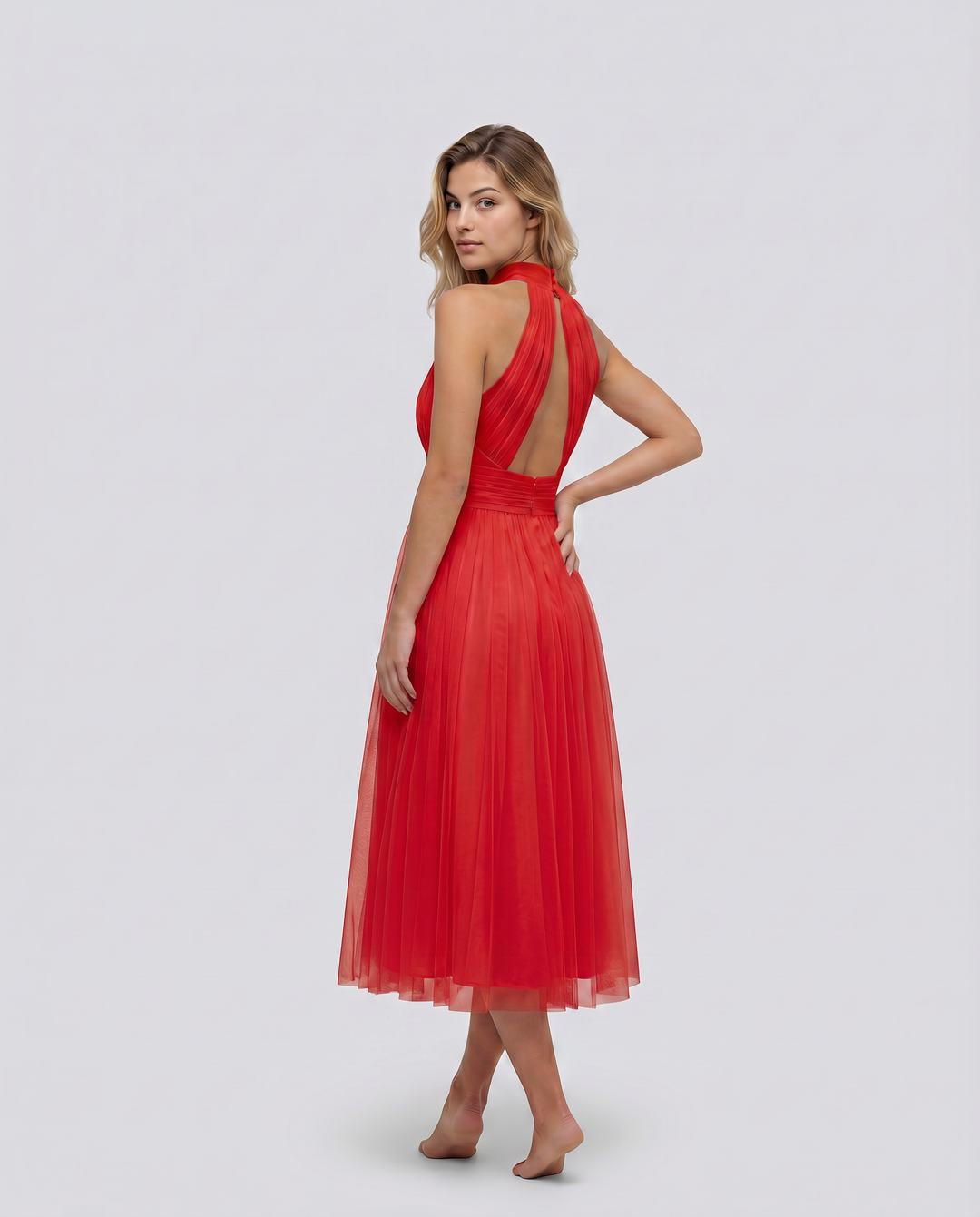 Paul | Midi Dress with Gathered Halter Neck and Fitted Waist