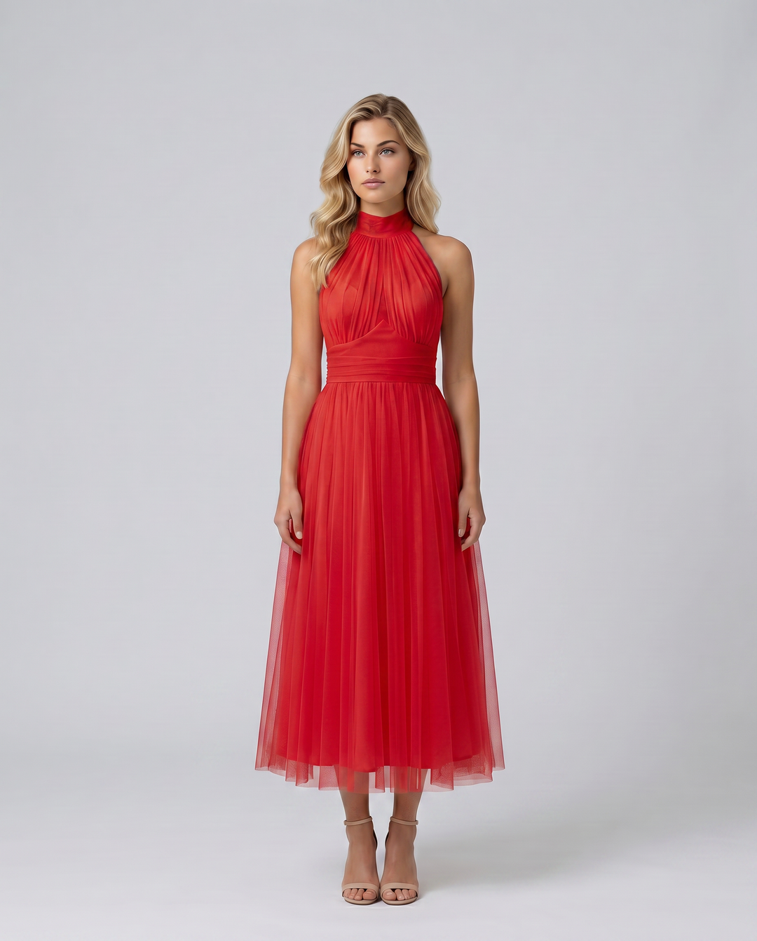Paul | Midi Dress with Gathered Halter Neck and Fitted Waist