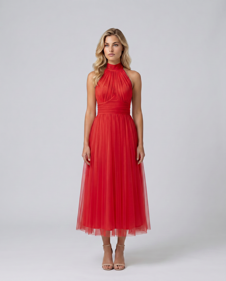 Paul | Midi Dress with Gathered Halter Neck and Fitted Waist