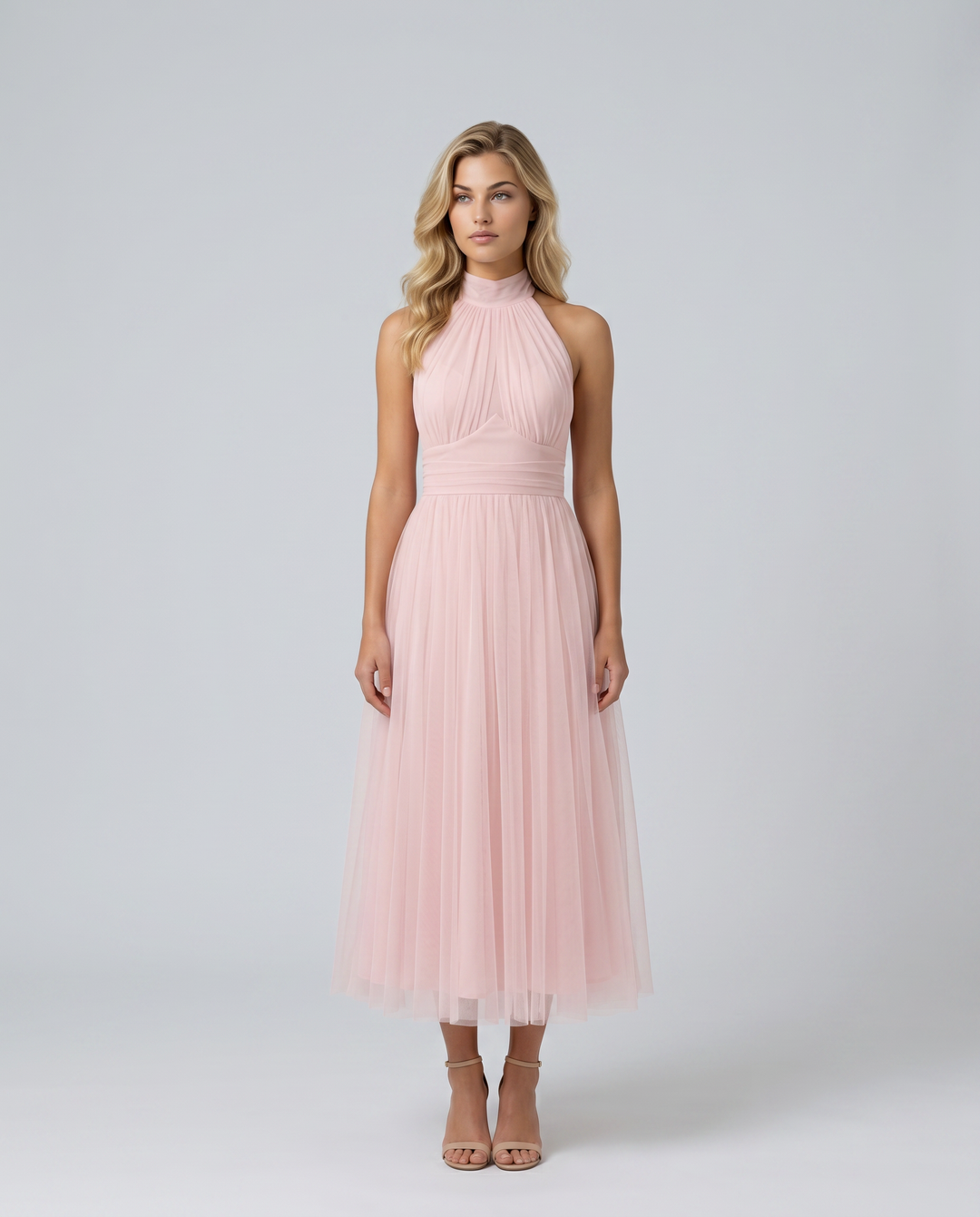 Paul | Midi Dress with Gathered Halter Neck and Fitted Waist