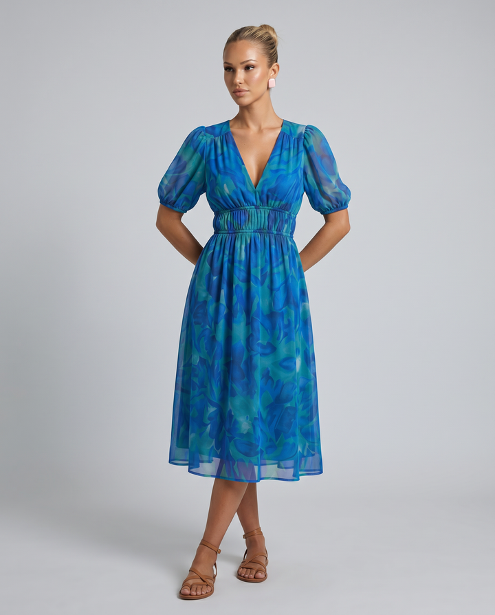 Elinae | Midi Dress with Puff Sleeves and Elastic Waist