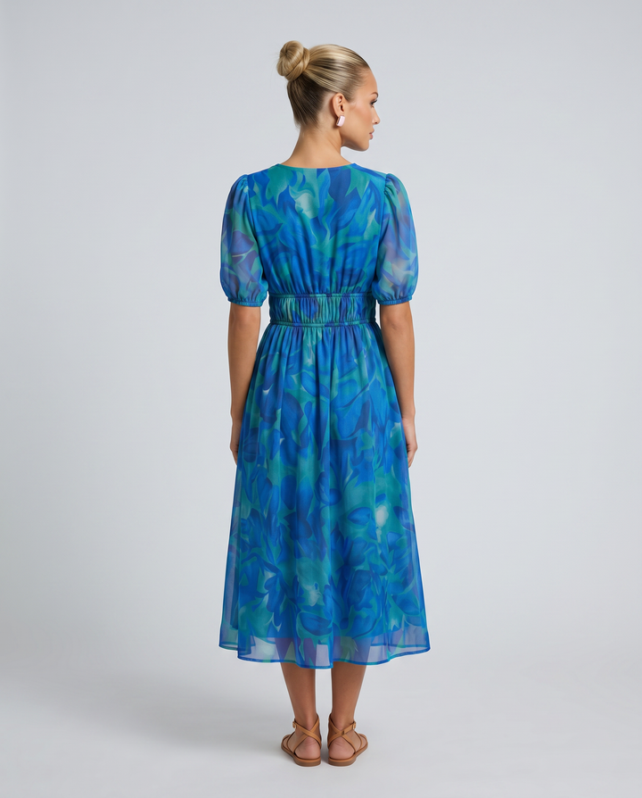 Elinae | Midi Dress with Puff Sleeves and Elastic Waist