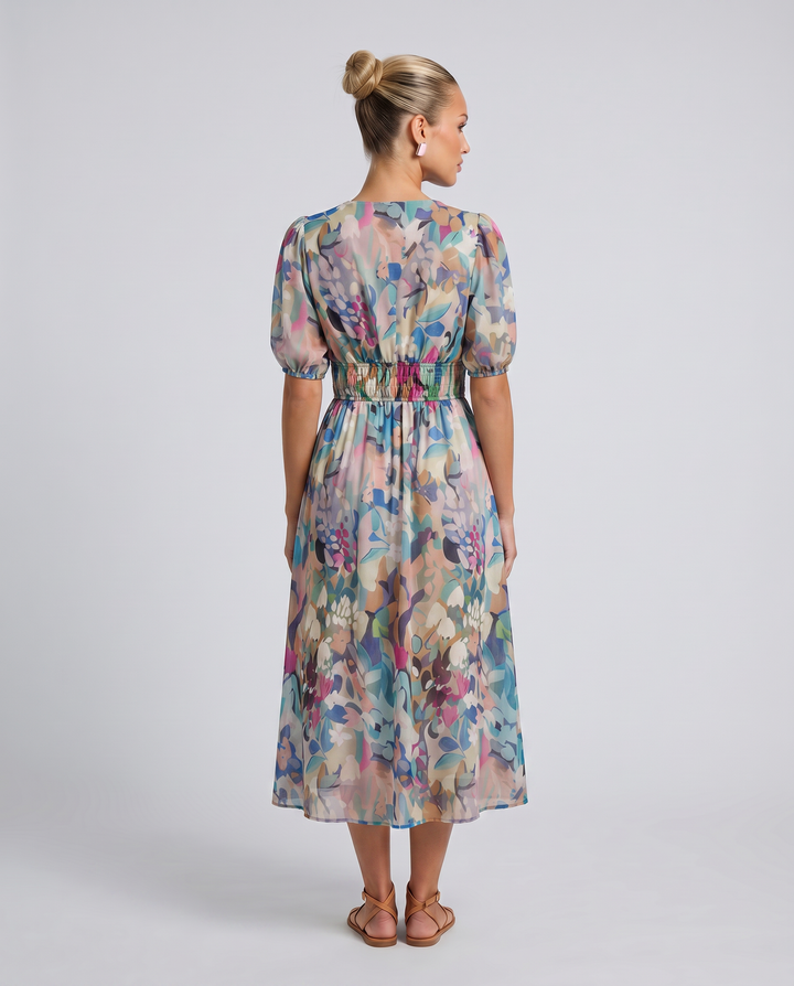 Elinae | Midi Dress with Puff Sleeves and Elastic Waist