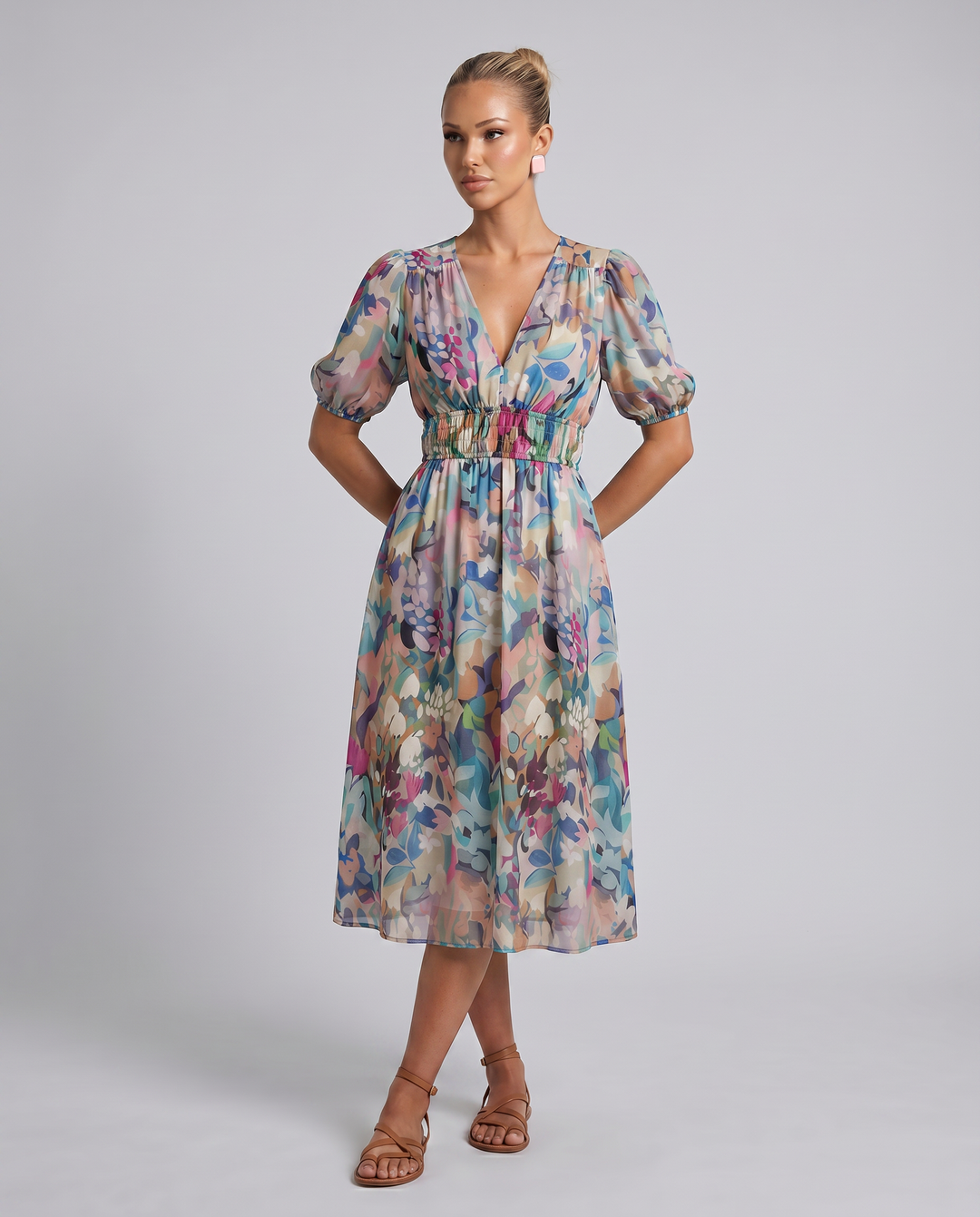 Elinae | Midi Dress with Puff Sleeves and Elastic Waist