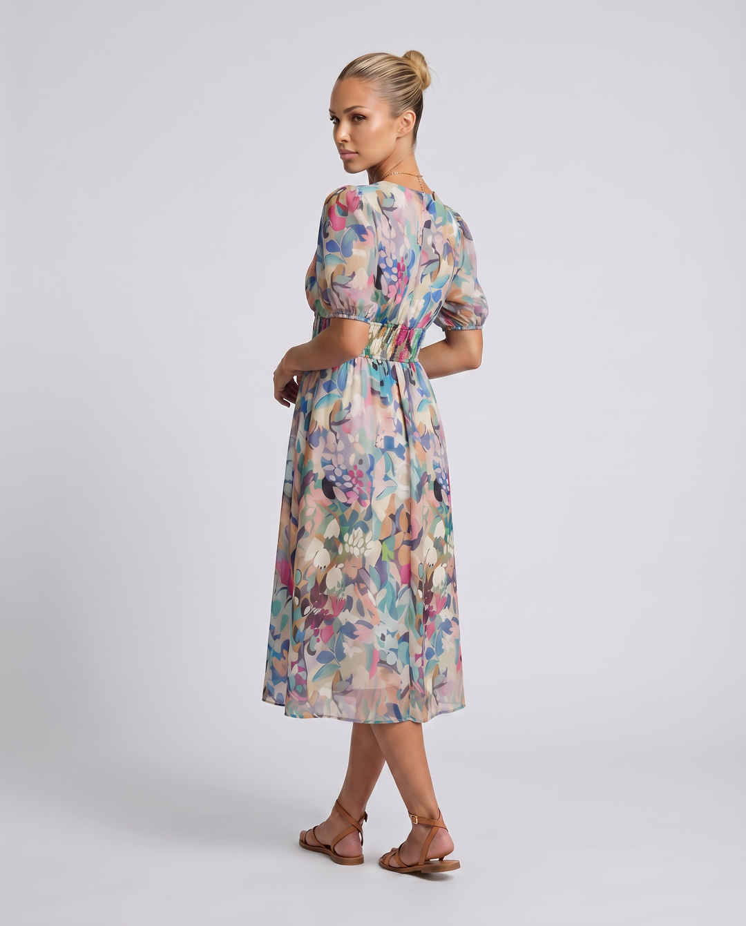 Elinae | Midi Dress with Puff Sleeves and Elastic Waist