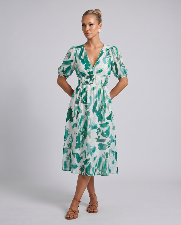 Elinae | Midi Dress with Puff Sleeves and Elastic Waist