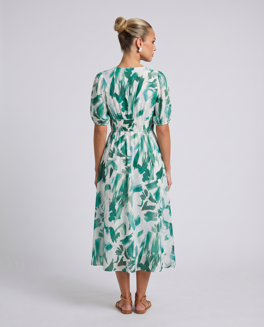 Elinae | Midi Dress with Puff Sleeves and Elastic Waist