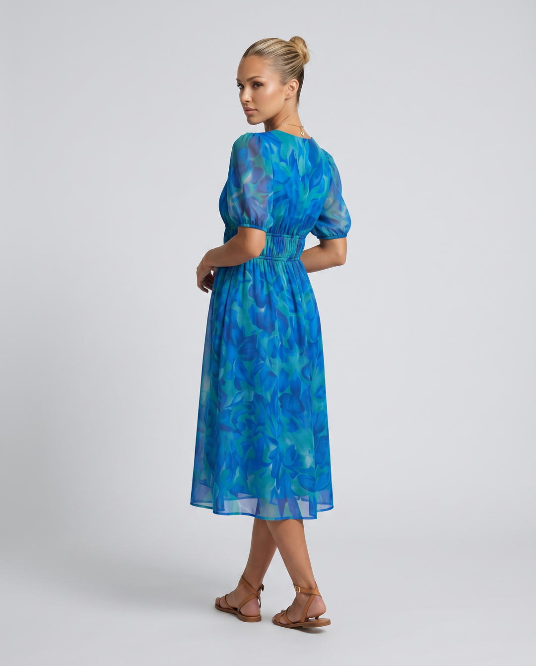 Elinae | Midi Dress with Puff Sleeves and Elastic Waist