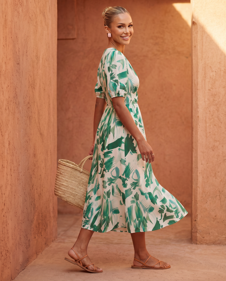 Elinae | Midi Dress with Puff Sleeves and Elastic Waist