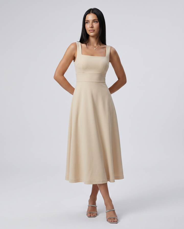 Katina | Midi Dress with Square Neck and A-Line Skirt
