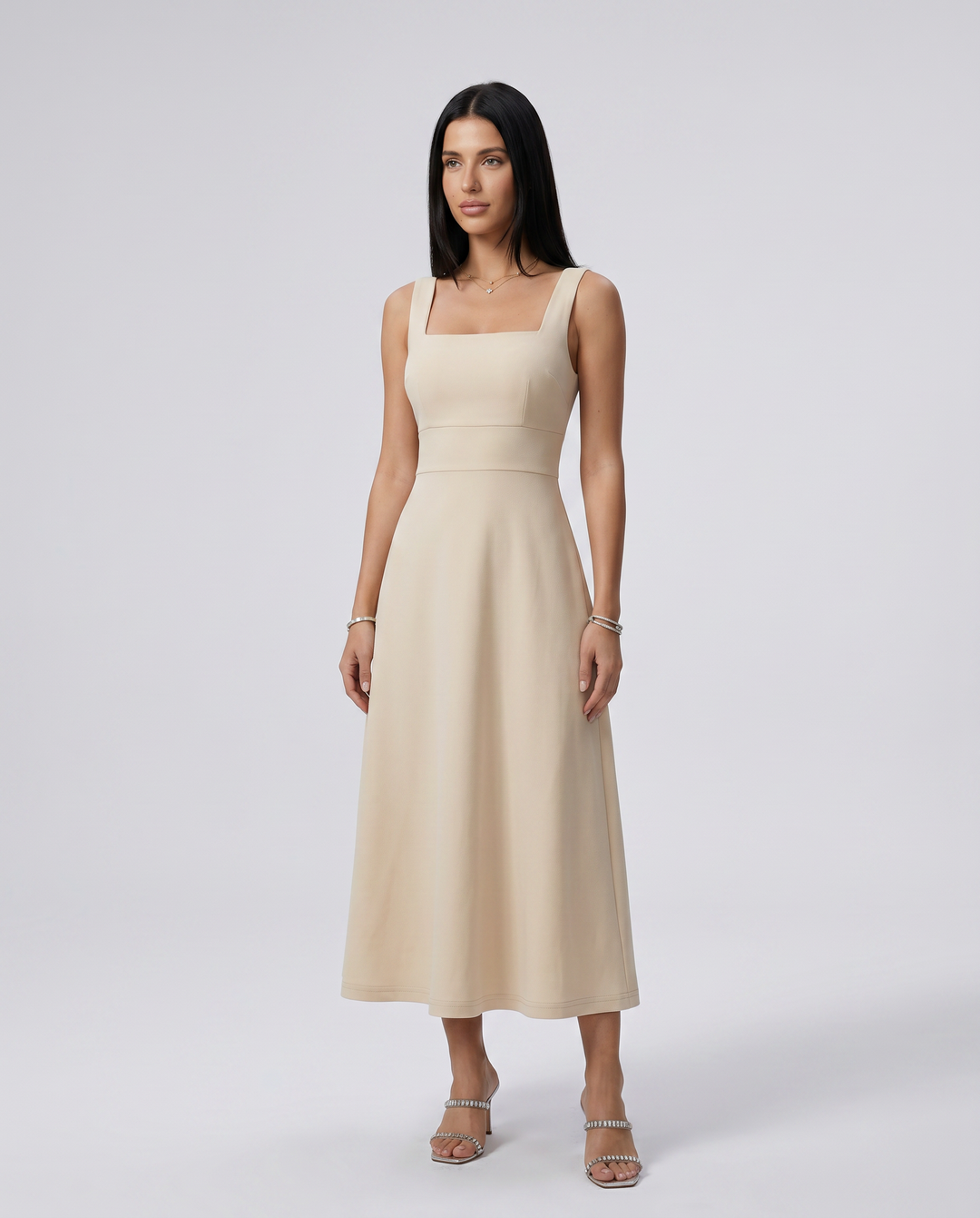 Katina | Midi Dress with Square Neck and A-Line Skirt