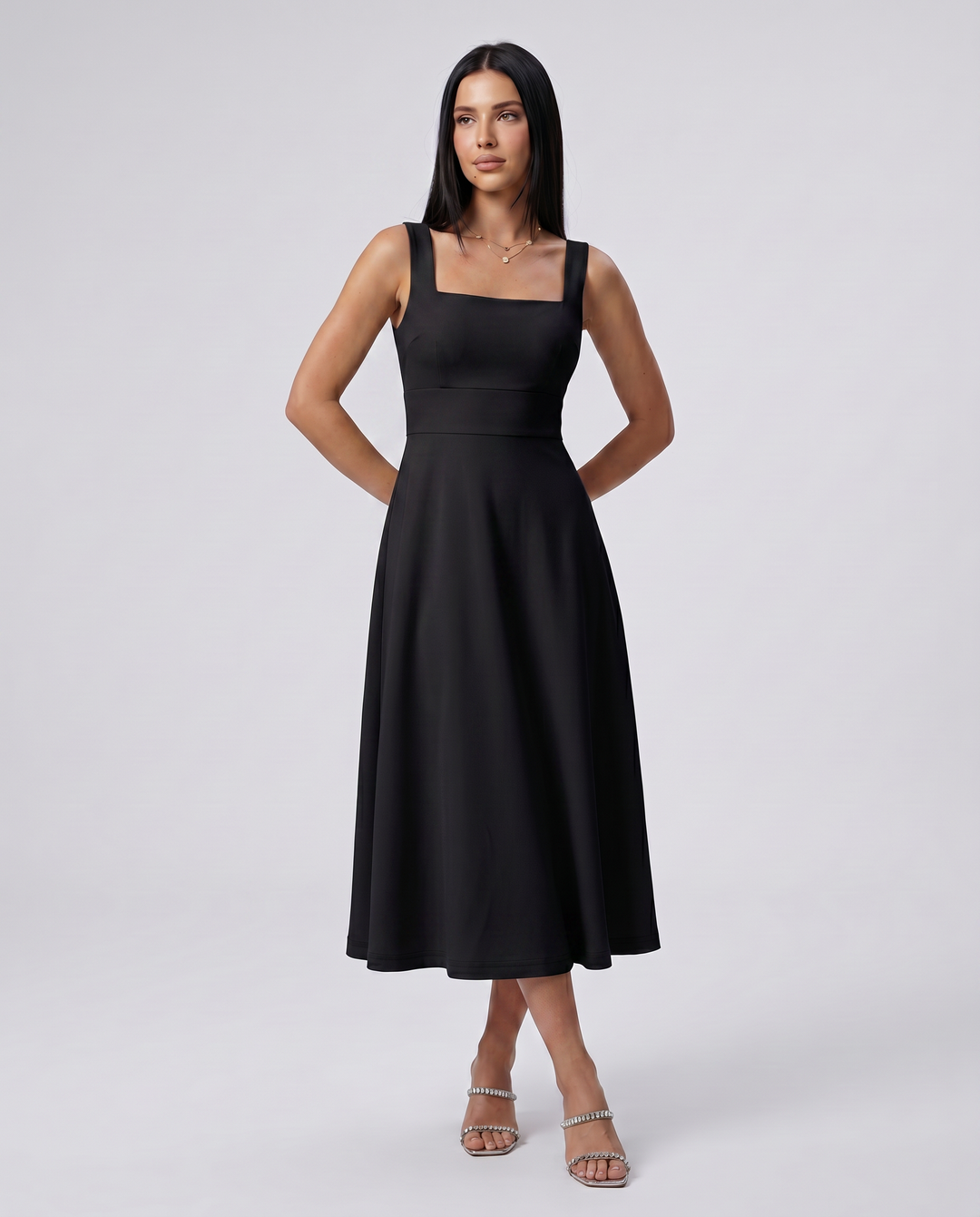 Katina | Midi Dress with Square Neck and A-Line Skirt