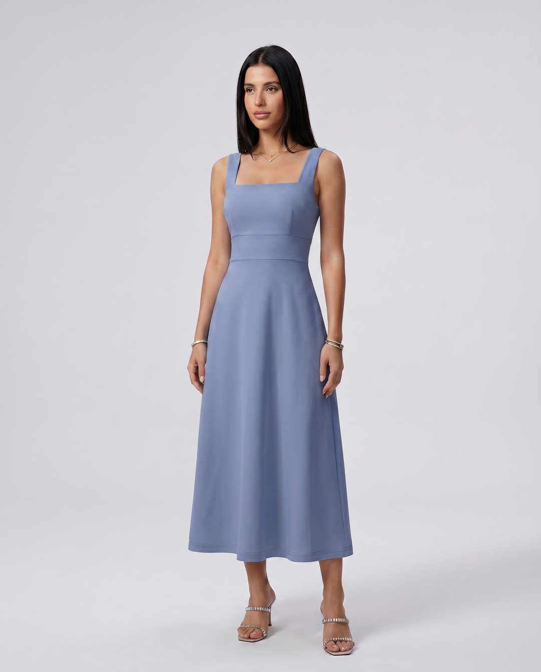 Katina | Midi Dress with Square Neck and A-Line Skirt