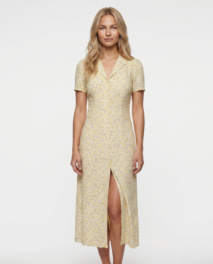 Liorael | Midi Dress with Button Front and Notched Collar