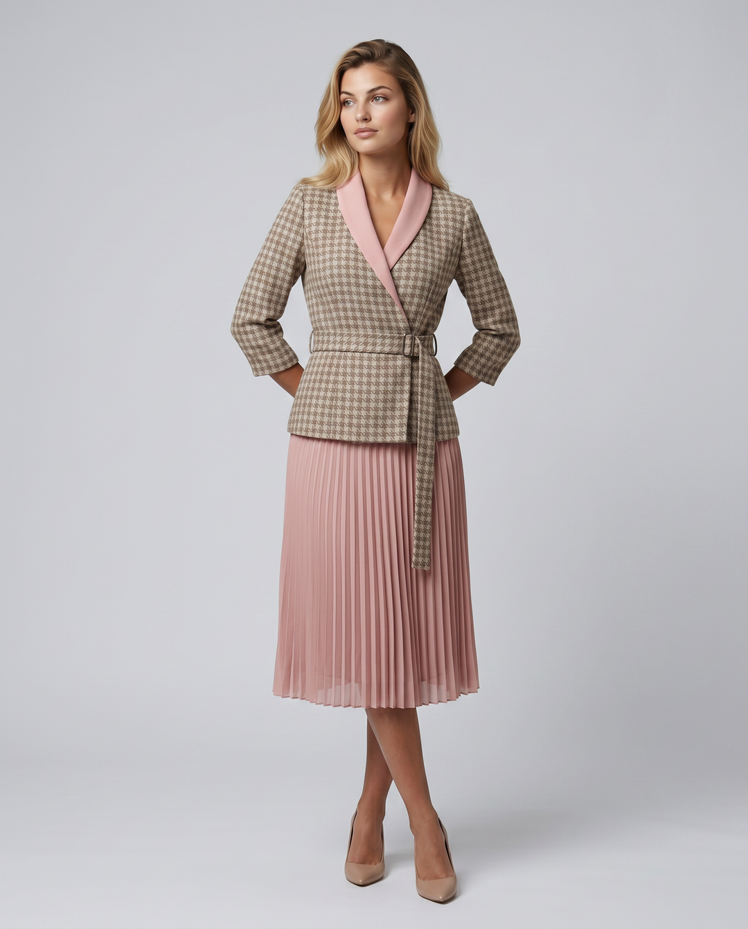 Ilene | Midi Dress with Pleated Skirt and Wrap Blazer Design