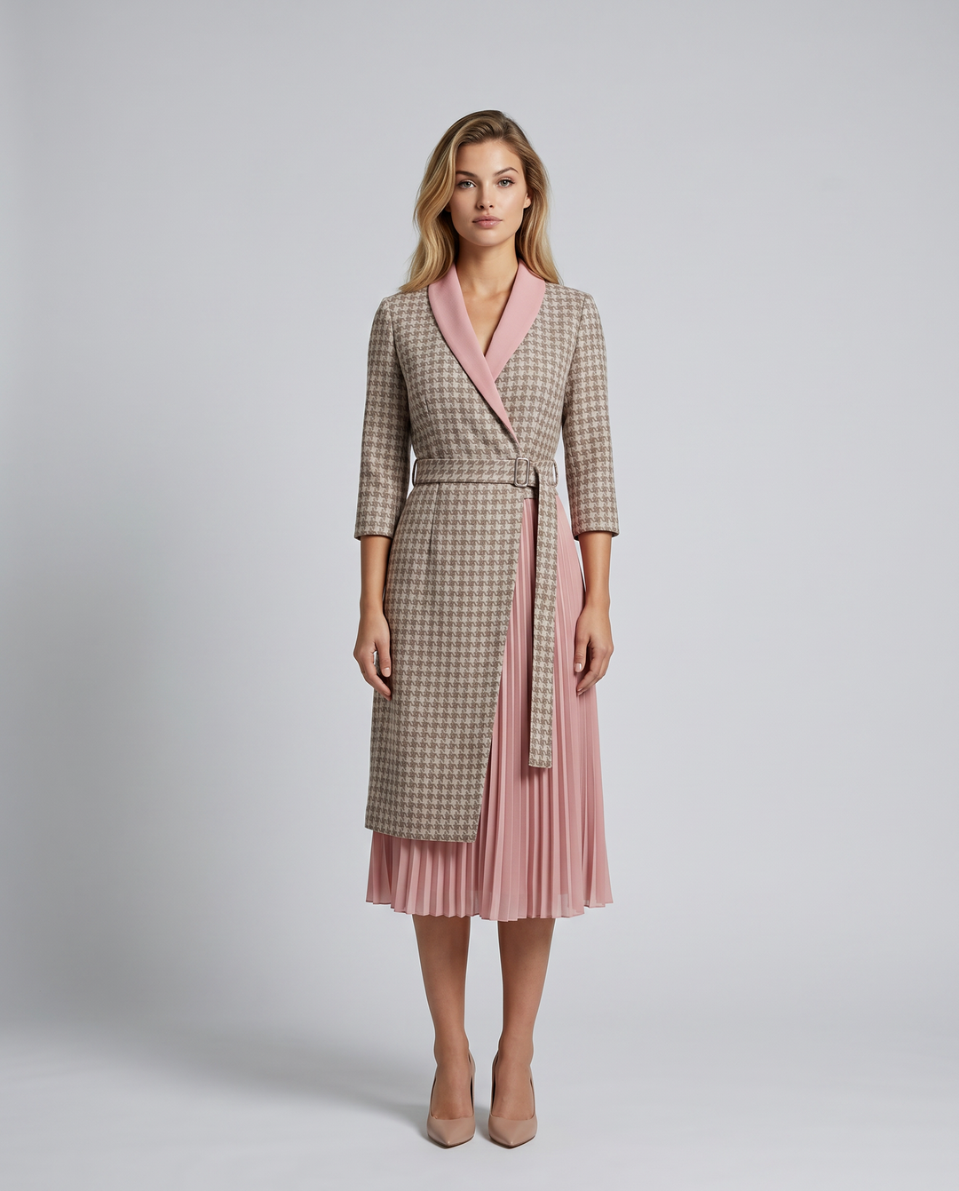 Ilene | Midi Dress with Pleated Skirt and Wrap Blazer Design