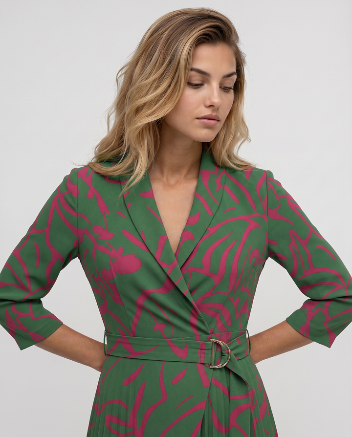 Ilene | Midi Dress with Pleated Skirt and Wrap Blazer Design