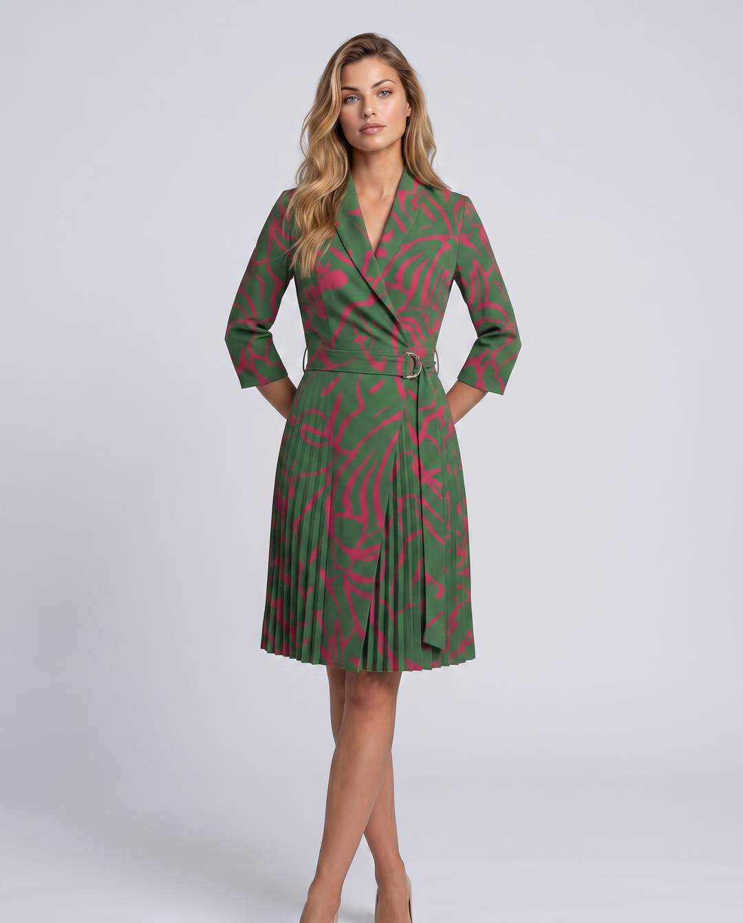 Ilene | Midi Dress with Pleated Skirt and Wrap Blazer Design