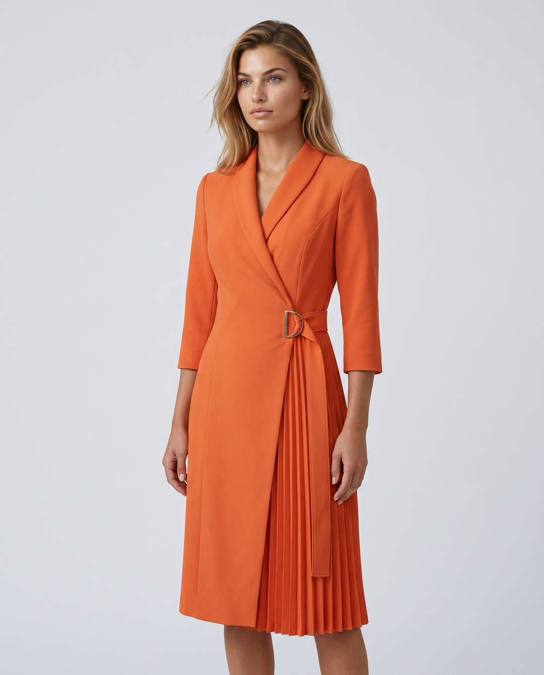 Ilene | Midi Dress with Pleated Skirt and Wrap Blazer Design