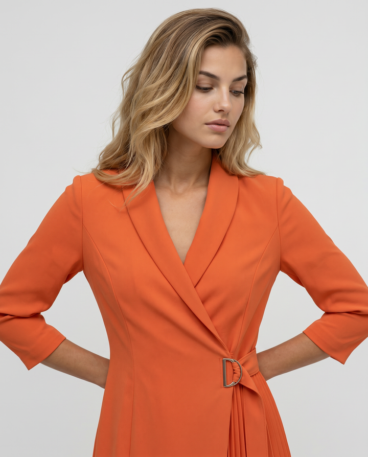Ilene | Midi Dress with Pleated Skirt and Wrap Blazer Design