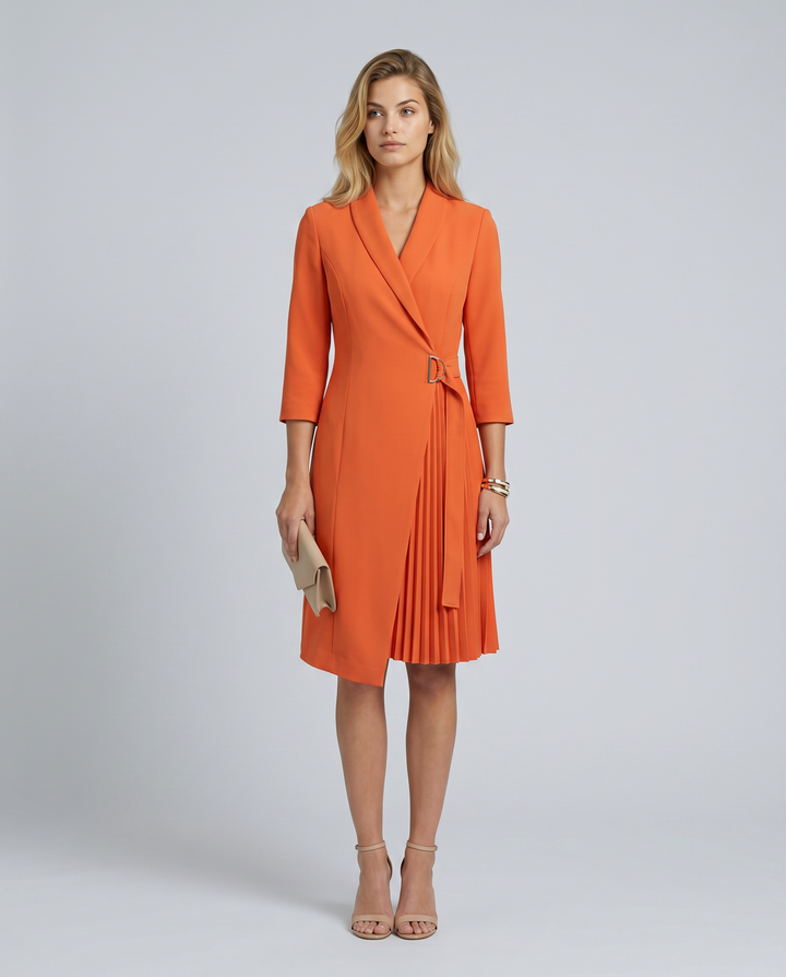 Ilene | Midi Dress with Pleated Skirt and Wrap Blazer Design