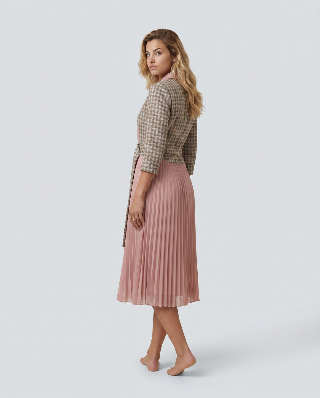Ilene | Midi Dress with Pleated Skirt and Wrap Blazer Design