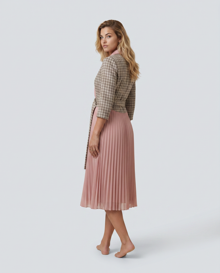 Ilene | Midi Dress with Pleated Skirt and Wrap Blazer Design