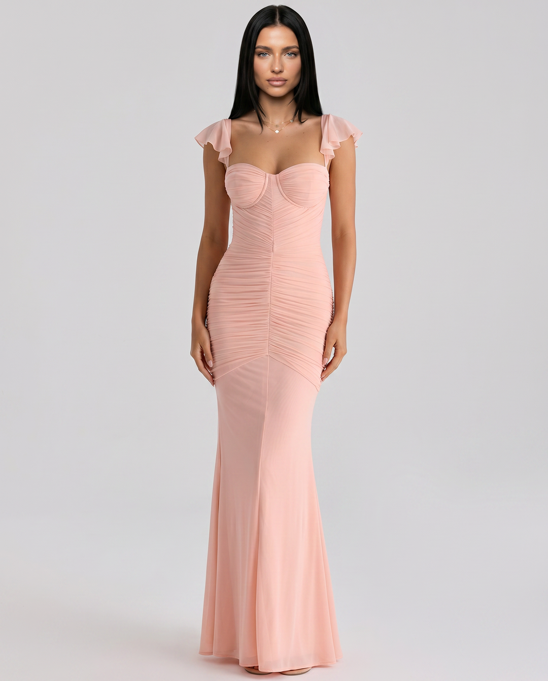 Antonella | Maxi Dress with Ruched Mesh and Cap Sleeves