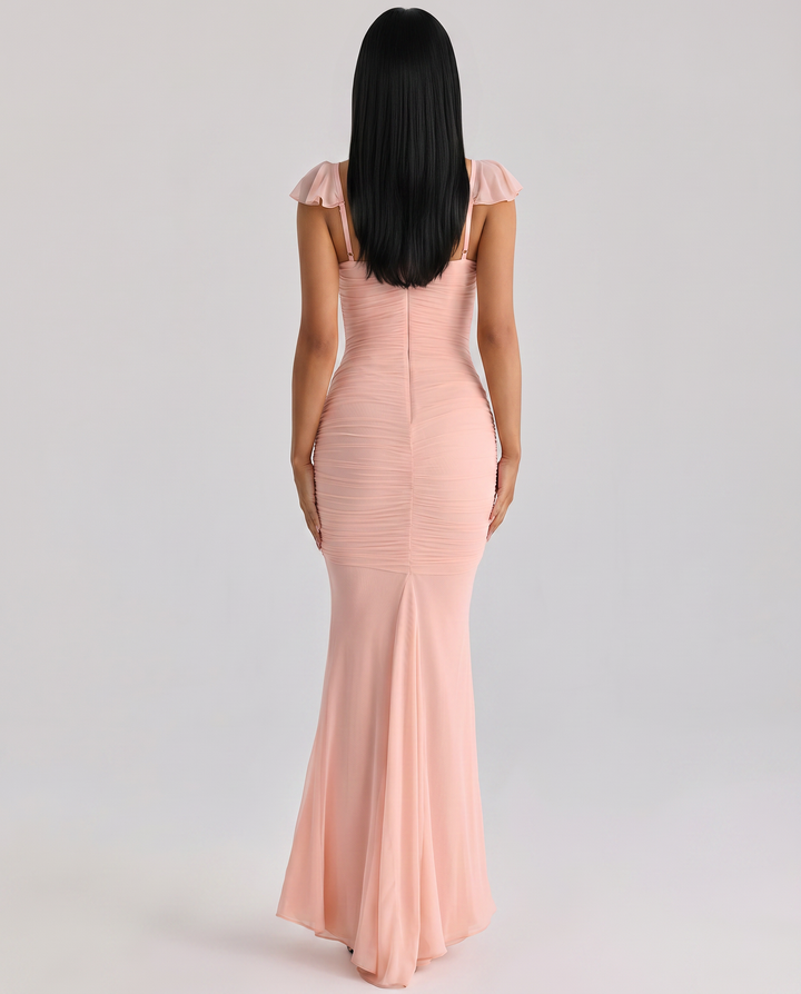 Antonella | Maxi Dress with Ruched Mesh and Cap Sleeves
