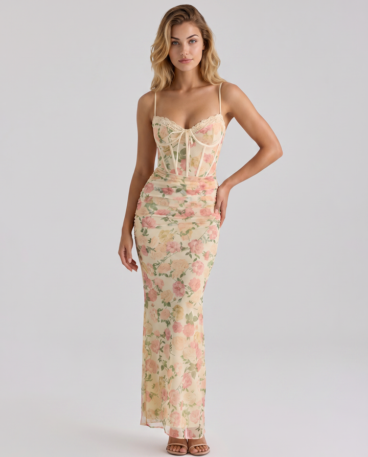 Kayla | Maxi Dress with Floral Print and Mesh Overlay