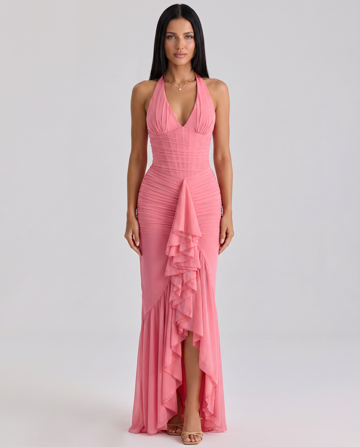 Shelby | Maxi Dress with Halter Neck and Waterfall Ruffle