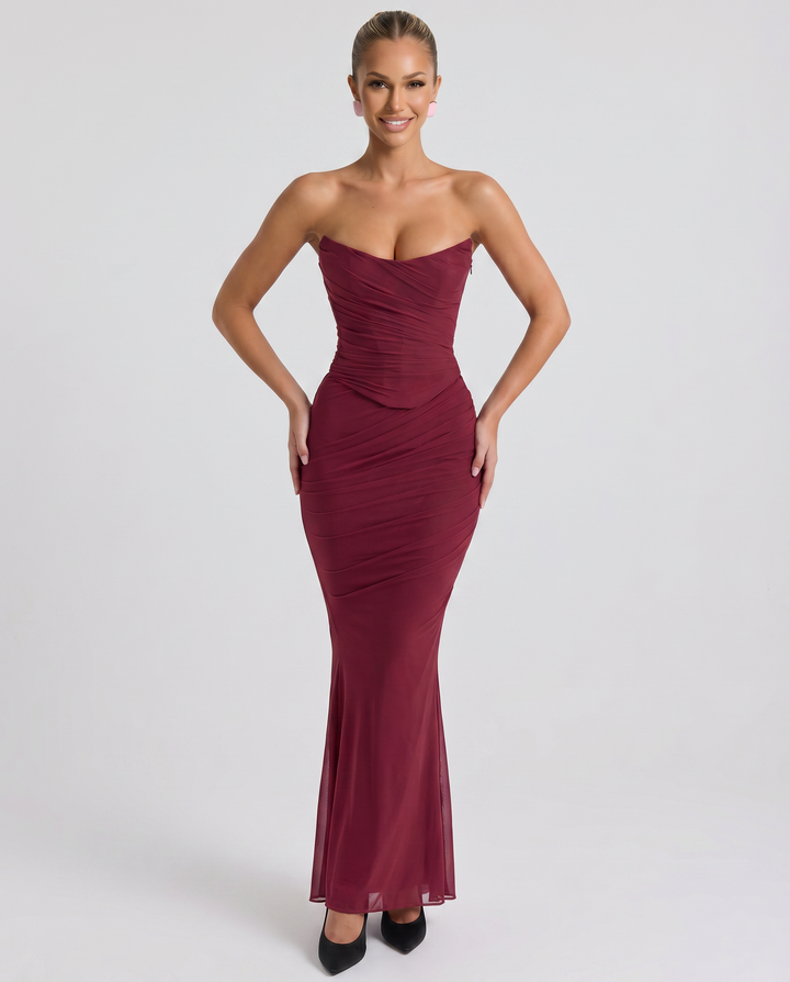 Mariska | Maxi Dress with Ruched Mesh and Fluted Hem