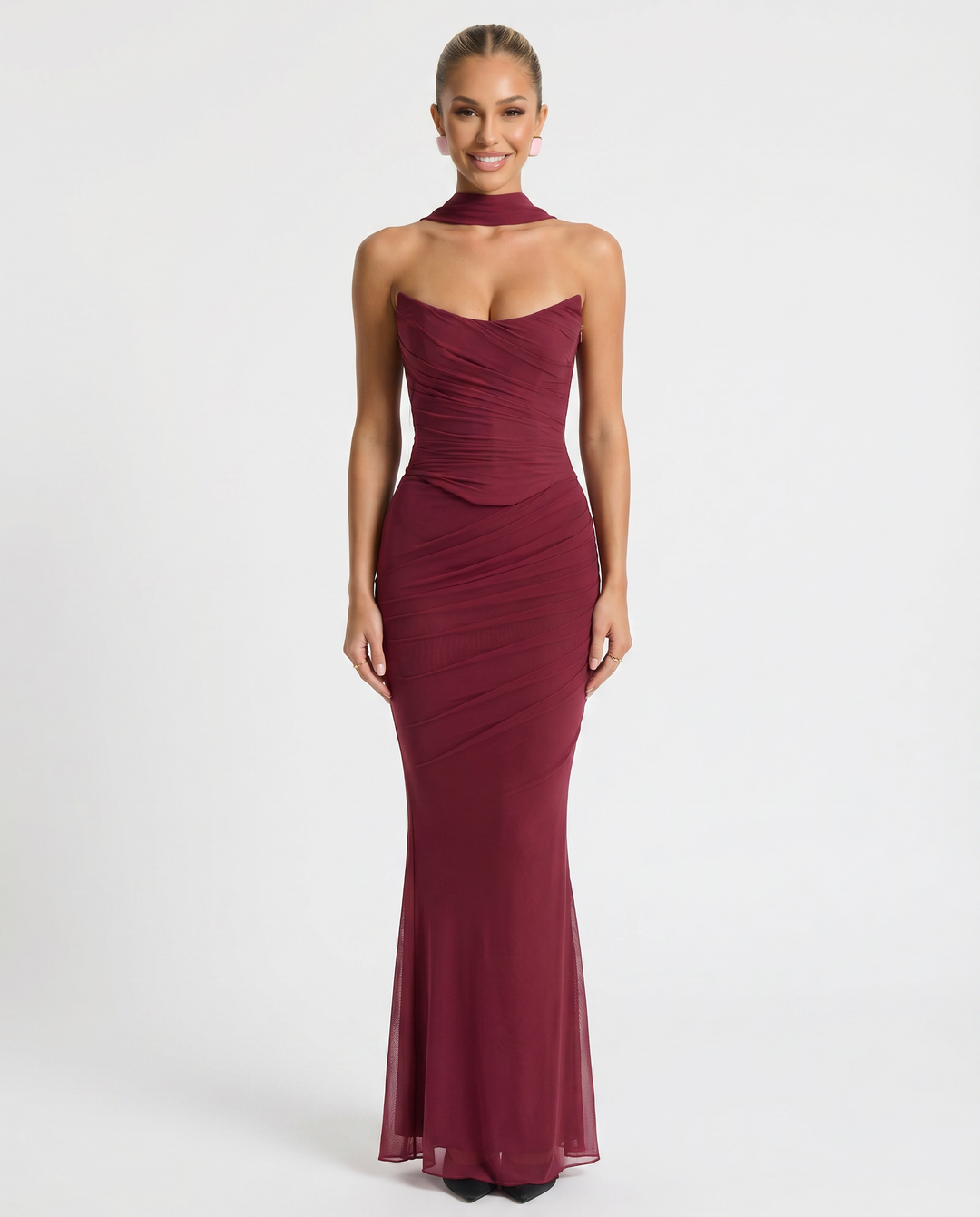 Mariska | Maxi Dress with Ruched Mesh and Fluted Hem