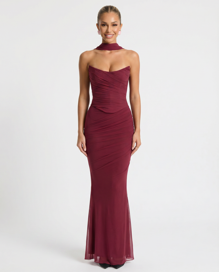 Mariska | Maxi Dress with Ruched Mesh and Fluted Hem