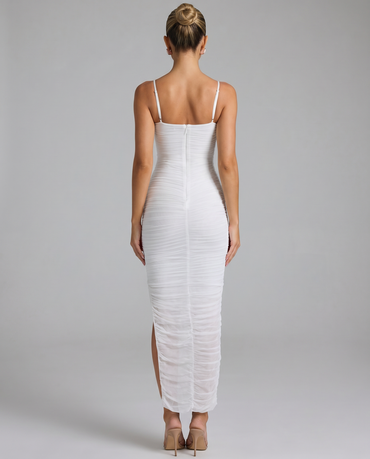 Adele | Maxi Dress with Gathered Mesh and Side Slit