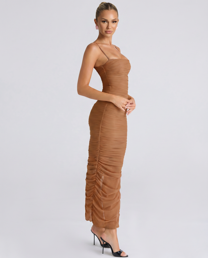 Adele | Maxi Dress with Gathered Mesh and Side Slit