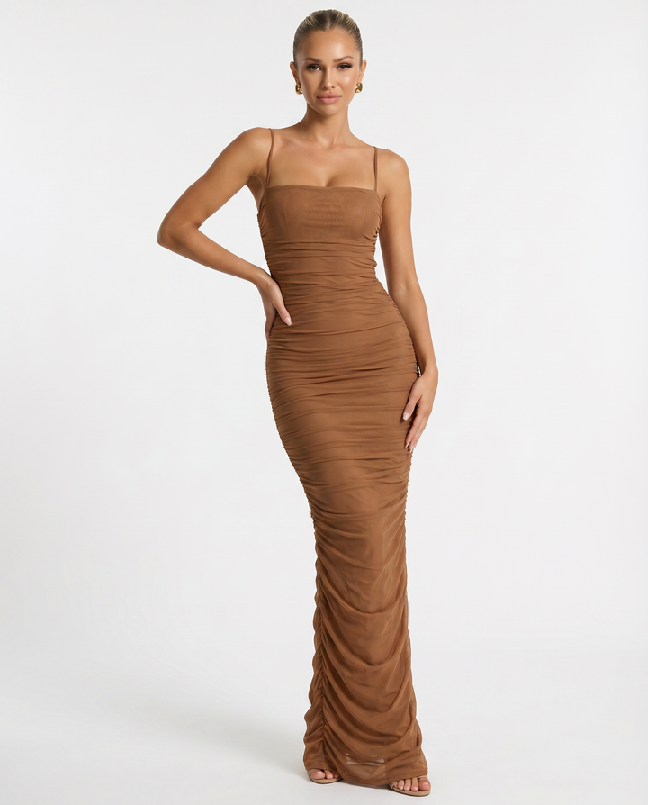 Adele | Maxi Dress with Gathered Mesh and Side Slit