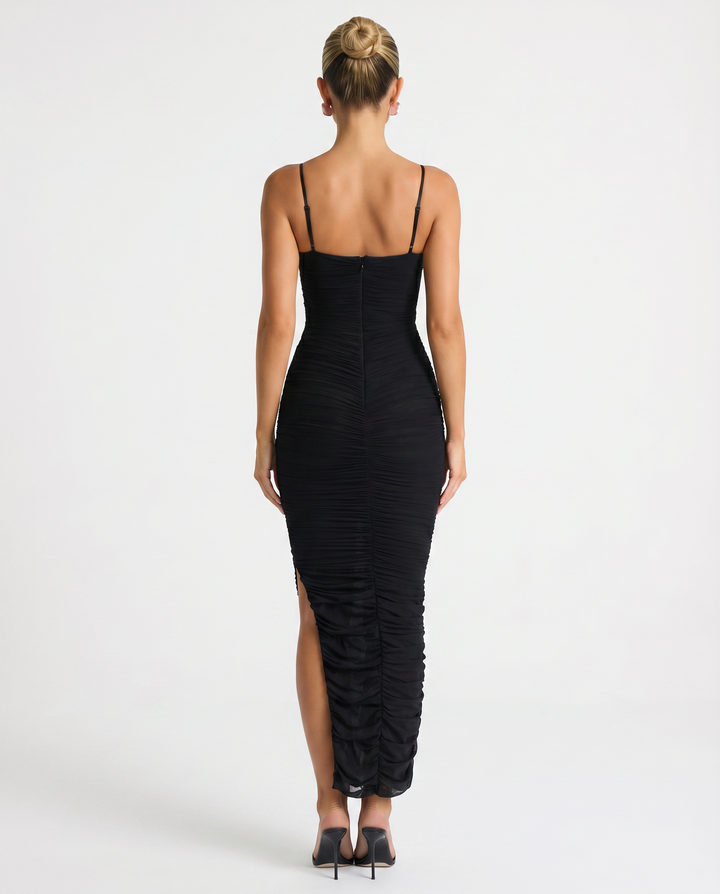 Adele | Maxi Dress with Gathered Mesh and Side Slit