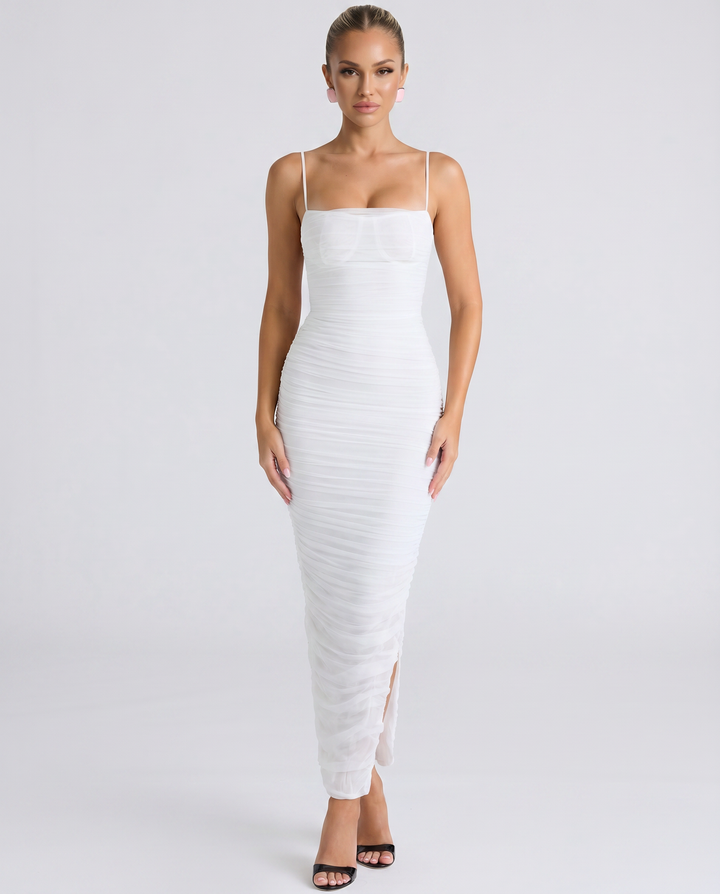 Adele | Maxi Dress with Gathered Mesh and Side Slit