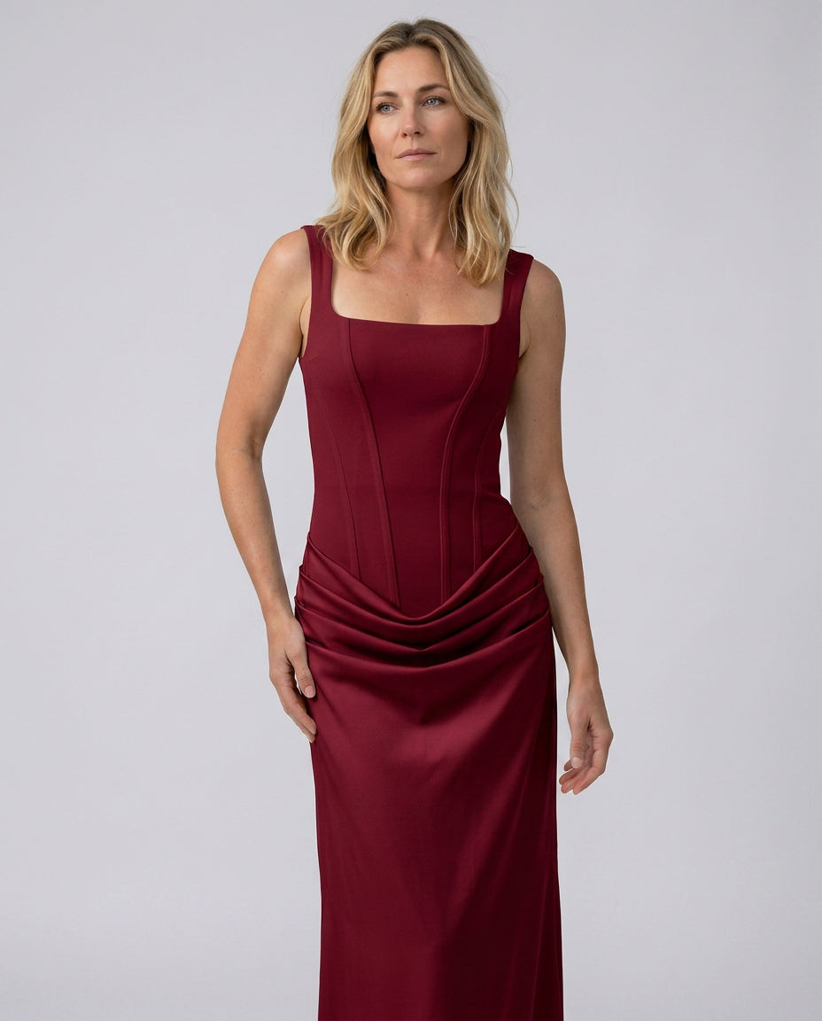 Odette | Maxi Dress with Structured Bodice and Draped Skirt