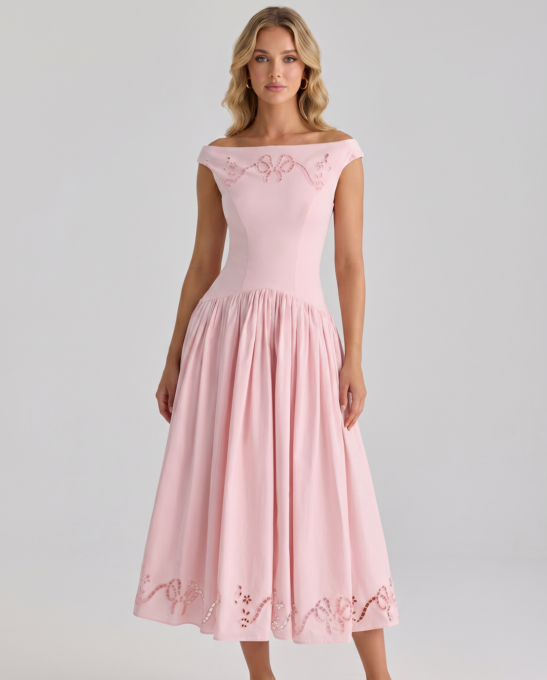 Sheila | Midi Dress with Broderie Anglaise and Off-Shoulder Neckline