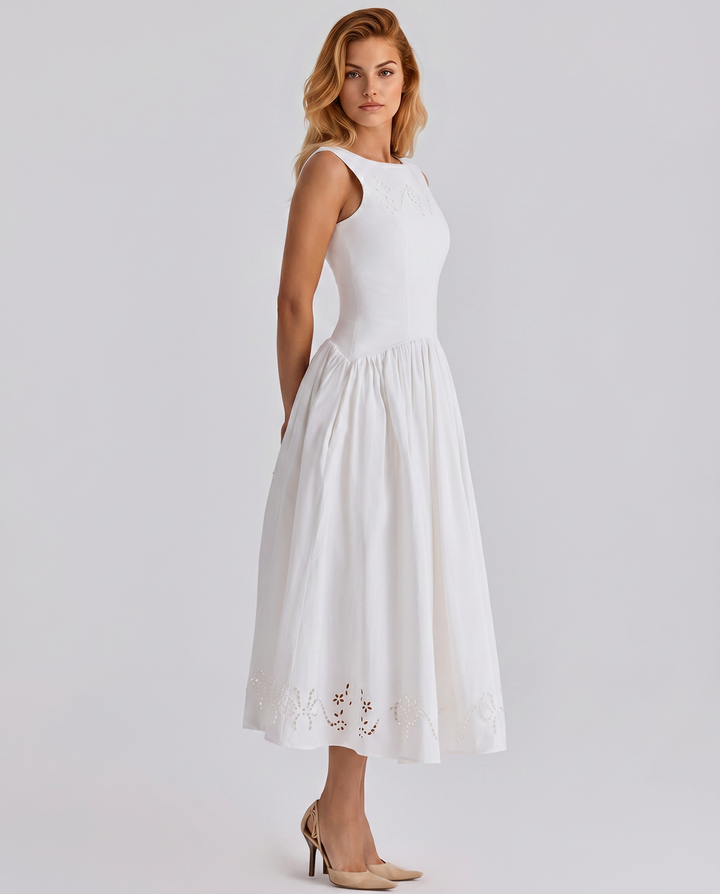 Sheila | Midi Dress with Broderie Anglaise and Off-Shoulder Neckline