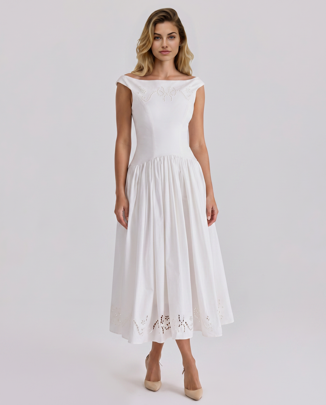 Sheila | Midi Dress with Broderie Anglaise and Off-Shoulder Neckline