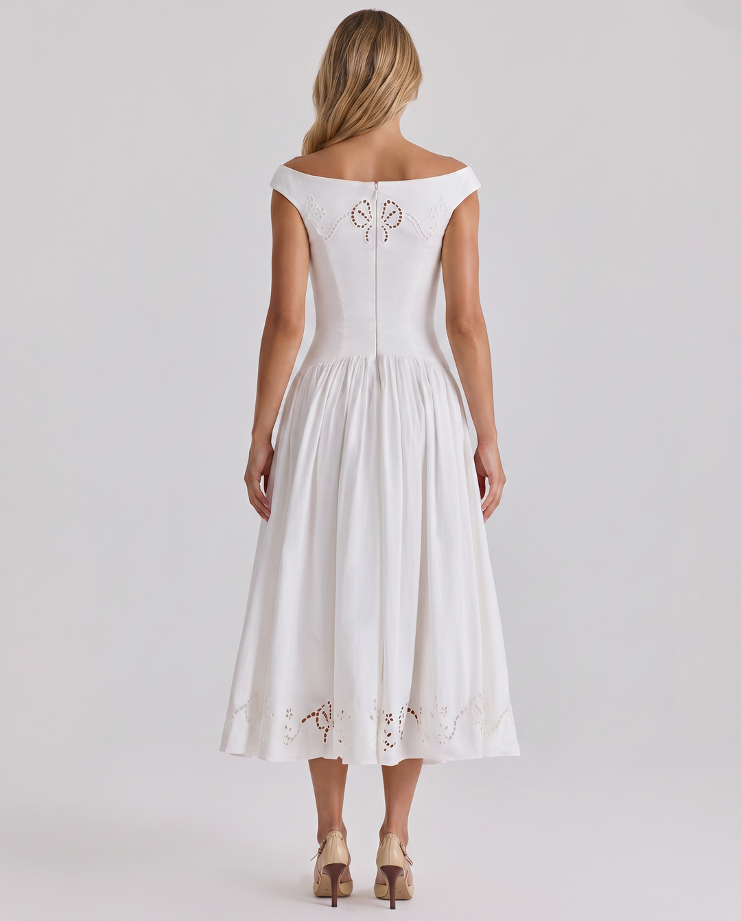 Sheila | Midi Dress with Broderie Anglaise and Off-Shoulder Neckline