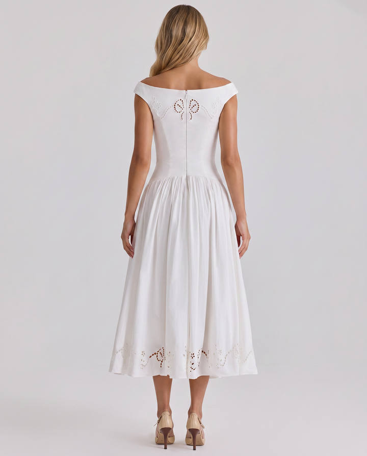 Sheila | Midi Dress with Broderie Anglaise and Off-Shoulder Neckline